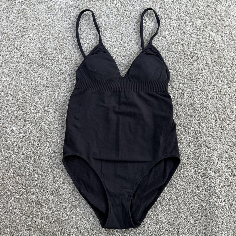 Uniqlo Bodysuit Womens Small Black V Neck Shapewear Compression One Piece